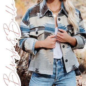 SANTA FE Teal Distressed Aztec Button Down Jacket